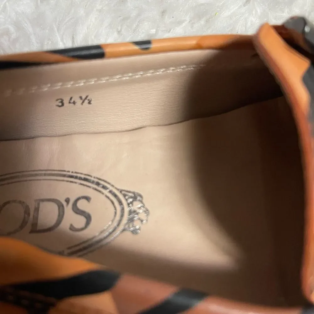 Tod’s Military print leather loafers Brown,black & orange  metal Double T SZ4.5